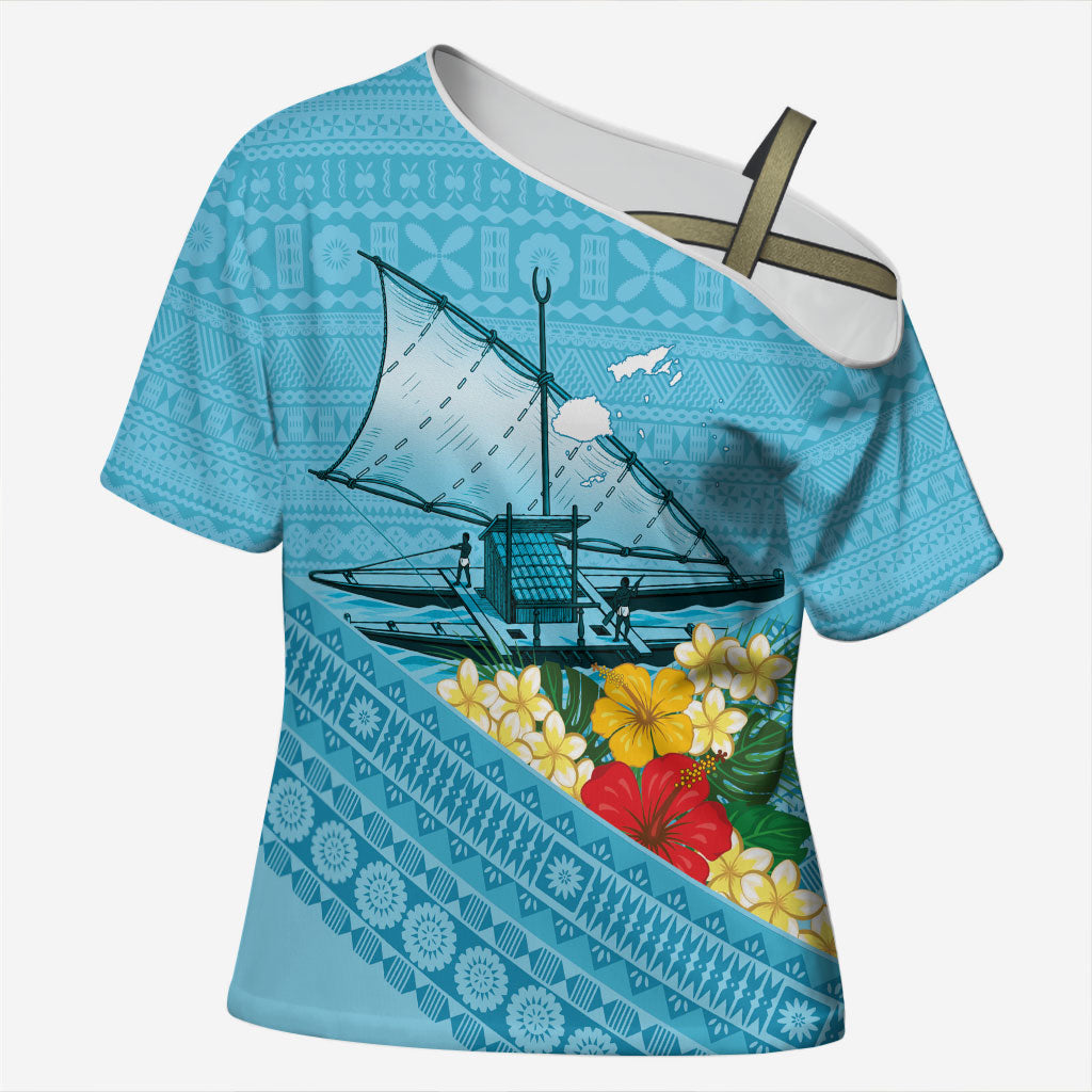 Personalised Bula Vinaka Fiji Drua Cross Shoulder Shirt Fijian Traditional Canoe Tapa Cloth Blue LT14 Female Blue - Polynesian Pride