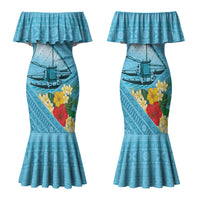 Personalised Bula Vinaka Fiji Drua Family Matching Mermaid Dress and Hawaiian Shirt Fijian Traditional Canoe Tapa Cloth Blue LT14 Mom's Dress Blue - Polynesian Pride