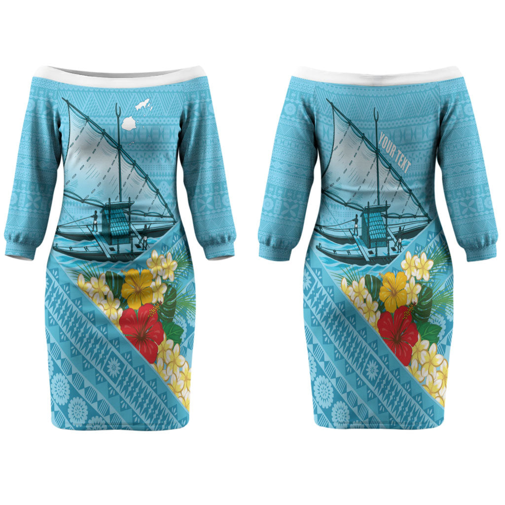 Personalised Bula Vinaka Fiji Drua Family Matching Off The Shoulder Long Sleeve Dress and Hawaiian Shirt Fijian Traditional Canoe Tapa Cloth Blue LT14 Mom's Dress Blue - Polynesian Pride