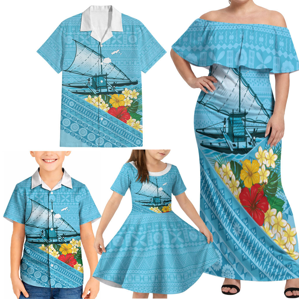 Personalised Bula Vinaka Fiji Drua Family Matching Off Shoulder Maxi Dress and Hawaiian Shirt Fijian Traditional Canoe Tapa Cloth Blue LT14 - Polynesian Pride
