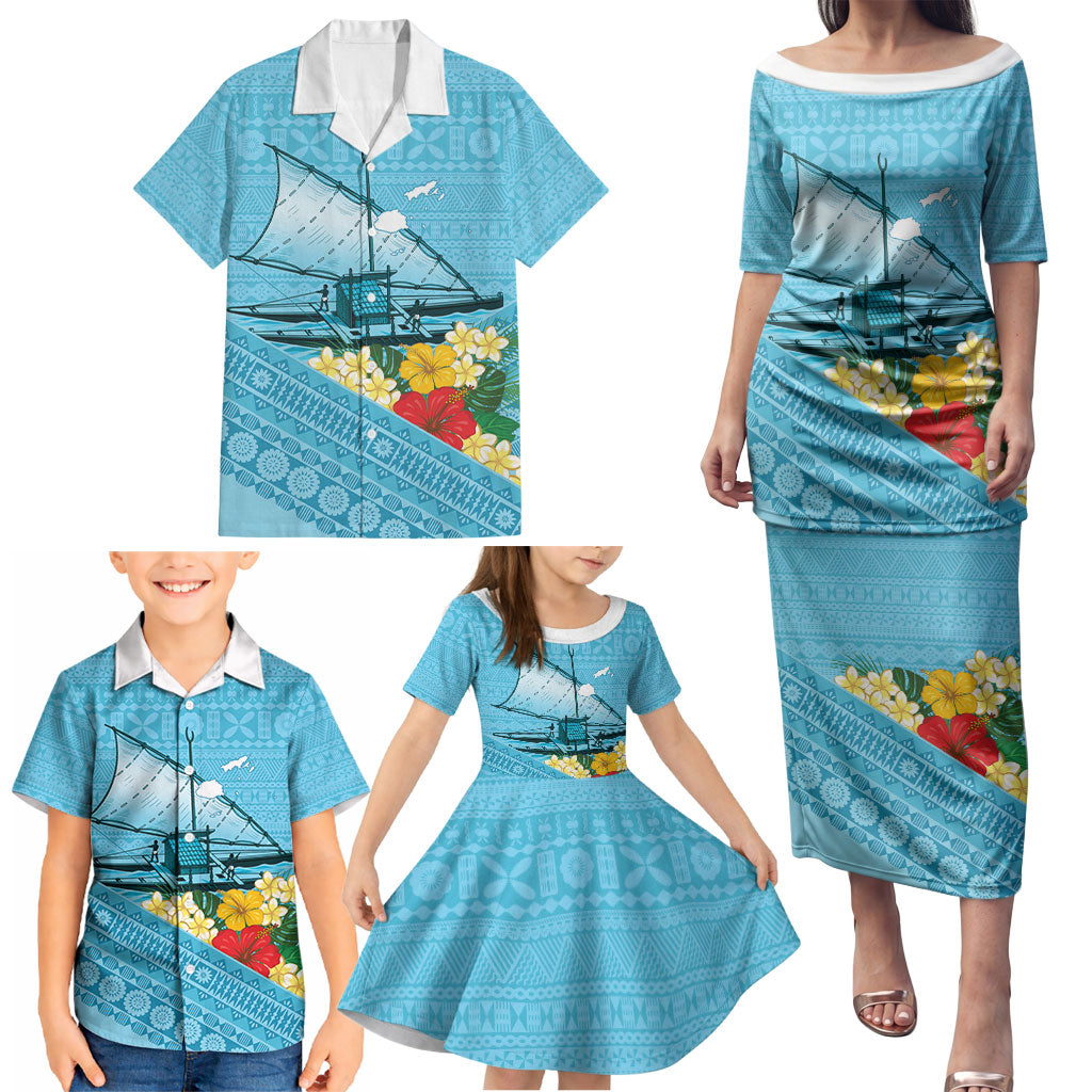 Personalised Bula Vinaka Fiji Drua Family Matching Puletasi and Hawaiian Shirt Fijian Traditional Canoe Tapa Cloth Blue LT14 - Polynesian Pride