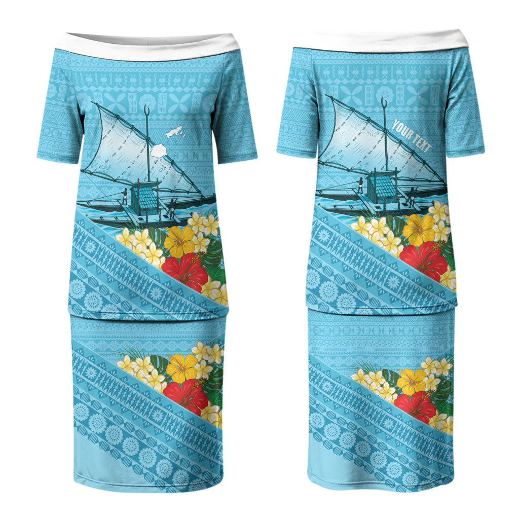 Personalised Bula Vinaka Fiji Drua Family Matching Puletasi and Hawaiian Shirt Fijian Traditional Canoe Tapa Cloth Blue LT14 Mom's Dress Blue - Polynesian Pride