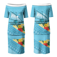 Personalised Bula Vinaka Fiji Drua Family Matching Puletasi and Hawaiian Shirt Fijian Traditional Canoe Tapa Cloth Blue LT14 Mom's Dress Blue - Polynesian Pride
