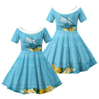 Personalised Bula Vinaka Fiji Drua Family Matching Puletasi and Hawaiian Shirt Fijian Traditional Canoe Tapa Cloth Blue LT14 Daughter's Dress Blue - Polynesian Pride