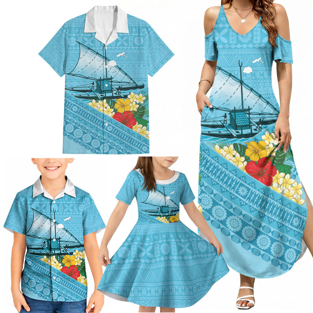 Personalised Bula Vinaka Fiji Drua Family Matching Summer Maxi Dress and Hawaiian Shirt Fijian Traditional Canoe Tapa Cloth Blue LT14 - Polynesian Pride