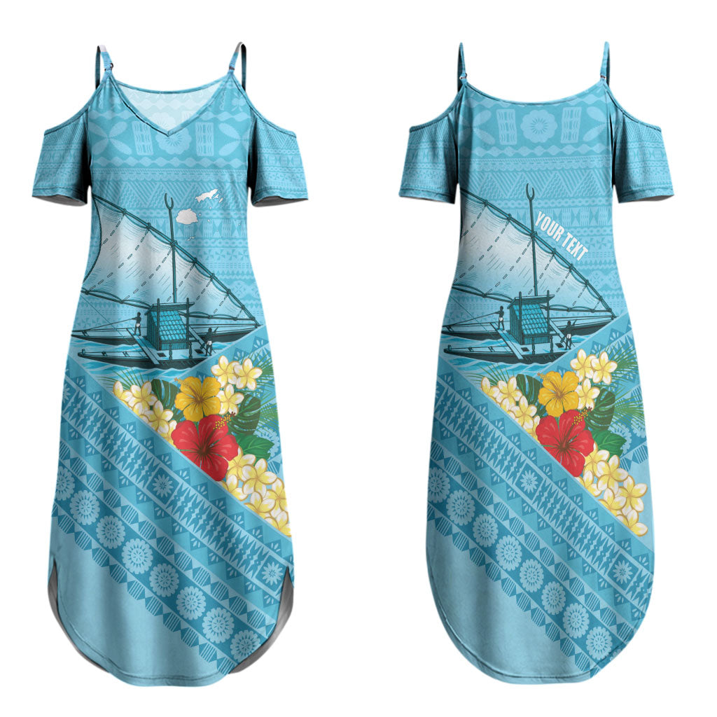 Personalised Bula Vinaka Fiji Drua Family Matching Summer Maxi Dress and Hawaiian Shirt Fijian Traditional Canoe Tapa Cloth Blue LT14 Mom's Dress Blue - Polynesian Pride