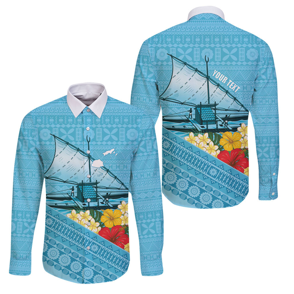 Personalised Bula Vinaka Fiji Drua Family Matching Summer Maxi Dress and Hawaiian Shirt Fijian Traditional Canoe Tapa Cloth Blue LT14 Dad's Shirt - Long Sleeve Blue - Polynesian Pride