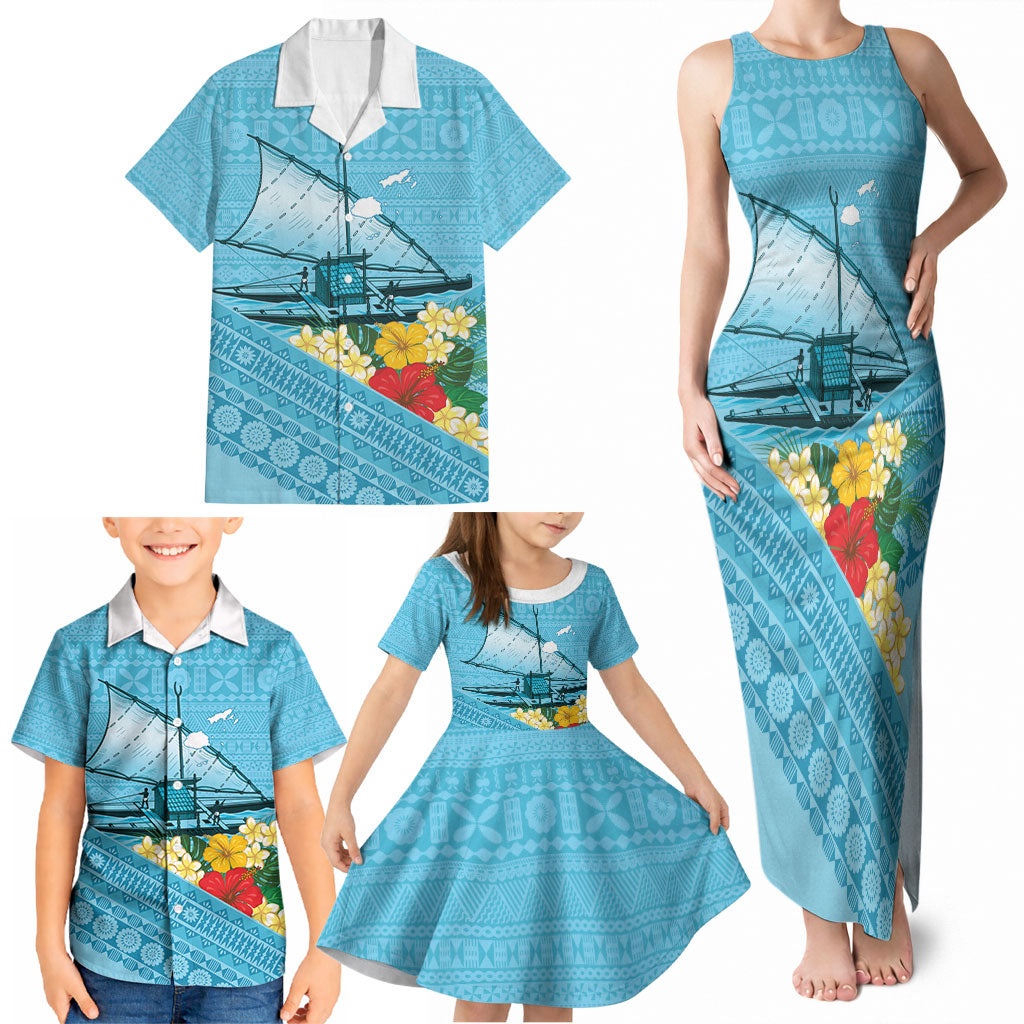 Personalised Bula Vinaka Fiji Drua Family Matching Tank Maxi Dress and Hawaiian Shirt Fijian Traditional Canoe Tapa Cloth Blue LT14 - Polynesian Pride