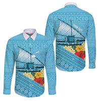 Personalised Bula Vinaka Fiji Drua Family Matching Tank Maxi Dress and Hawaiian Shirt Fijian Traditional Canoe Tapa Cloth Blue LT14 Dad's Shirt - Long Sleeve Blue - Polynesian Pride