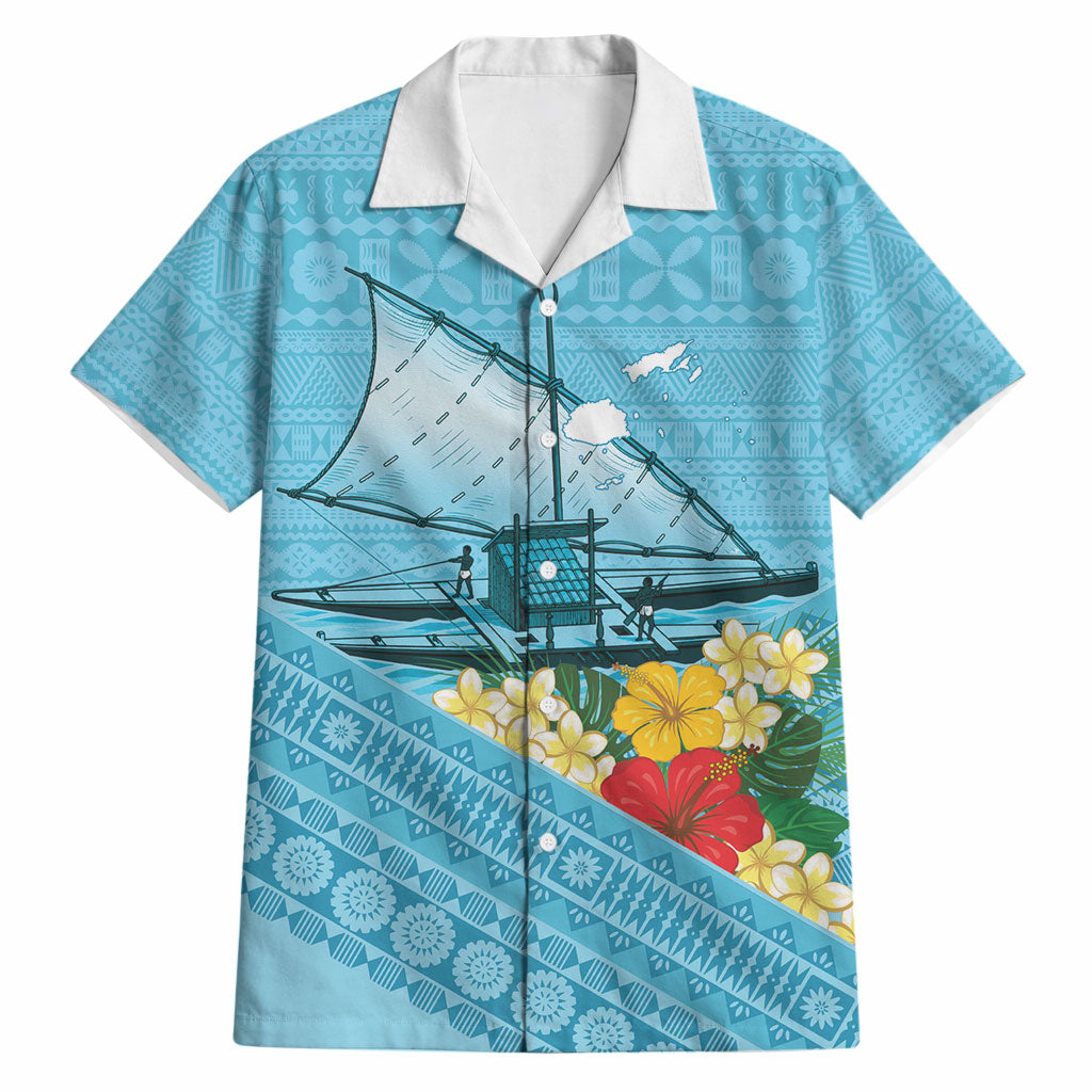 Personalised Bula Vinaka Fiji Drua Hawaiian Shirt Fijian Traditional Canoe Tapa Cloth Blue