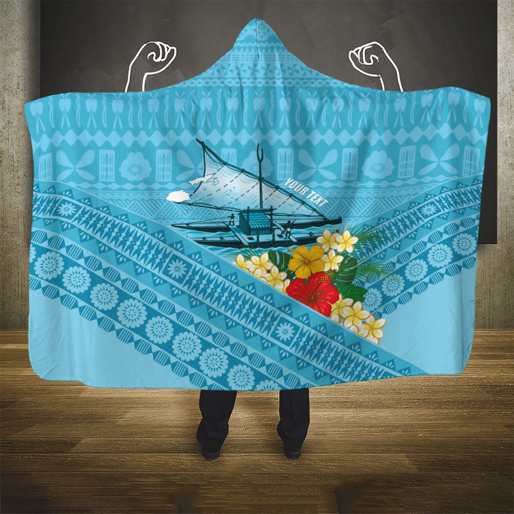 Personalised Bula Vinaka Fiji Drua Hooded Blanket Fijian Traditional Canoe Tapa Cloth Blue LT14 - Polynesian Pride