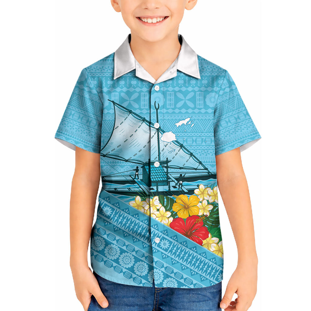 Personalised Bula Vinaka Fiji Drua Kid Hawaiian Shirt Fijian Traditional Canoe Tapa Cloth Blue LT14 Kid Blue - Polynesian Pride