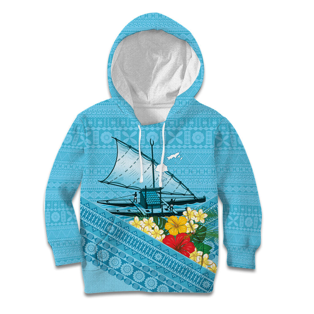 Personalised Bula Vinaka Fiji Drua Kid Hoodie Fijian Traditional Canoe Tapa Cloth Blue LT14 Hoodie Blue - Polynesian Pride