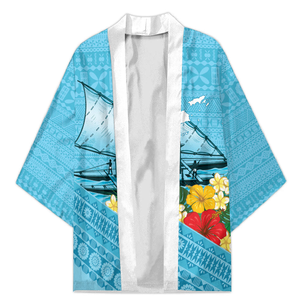 Personalised Bula Vinaka Fiji Drua Kimono Fijian Traditional Canoe Tapa Cloth Blue LT14 Unisex Blue - Polynesian Pride