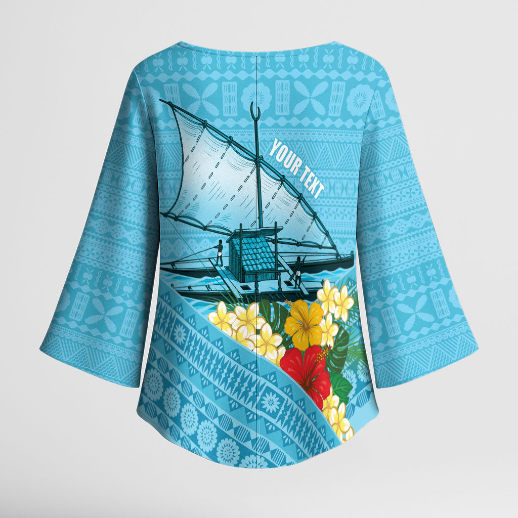 Personalised Bula Vinaka Fiji Drua Kimono Sleeve Blouse Fijian Traditional Canoe Tapa Cloth Blue LT14 - Polynesian Pride