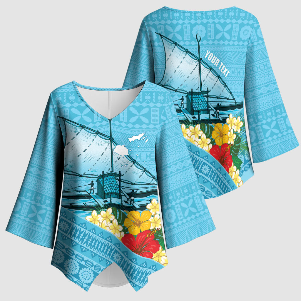 Personalised Bula Vinaka Fiji Drua Kimono Sleeve Blouse Fijian Traditional Canoe Tapa Cloth Blue LT14 - Polynesian Pride
