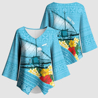 Personalised Bula Vinaka Fiji Drua Kimono Sleeve Blouse Fijian Traditional Canoe Tapa Cloth Blue LT14 - Polynesian Pride