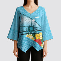 Personalised Bula Vinaka Fiji Drua Kimono Sleeve Blouse Fijian Traditional Canoe Tapa Cloth Blue LT14 - Polynesian Pride
