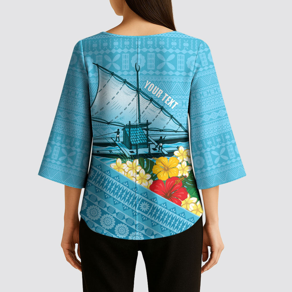 Personalised Bula Vinaka Fiji Drua Kimono Sleeve Blouse Fijian Traditional Canoe Tapa Cloth Blue LT14 - Polynesian Pride