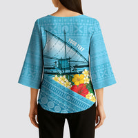 Personalised Bula Vinaka Fiji Drua Kimono Sleeve Blouse Fijian Traditional Canoe Tapa Cloth Blue LT14 - Polynesian Pride