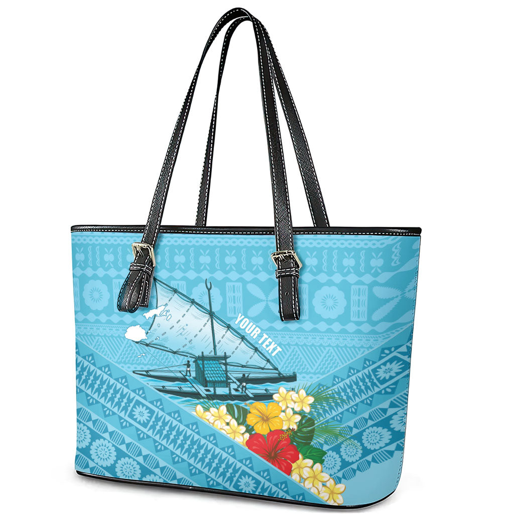 Personalised Bula Vinaka Fiji Drua Leather Tote Bag Fijian Traditional Canoe Tapa Cloth Blue LT14 - Polynesian Pride