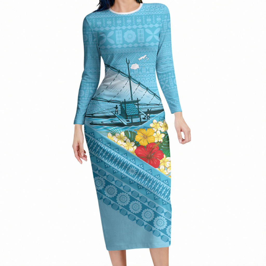 Personalised Bula Vinaka Fiji Drua Long Sleeve Bodycon Dress Fijian Traditional Canoe Tapa Cloth Blue