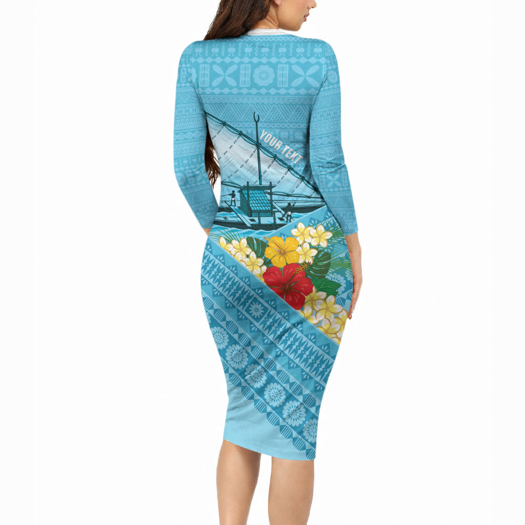 Personalised Bula Vinaka Fiji Drua Long Sleeve Bodycon Dress Fijian Traditional Canoe Tapa Cloth Blue LT14 - Polynesian Pride
