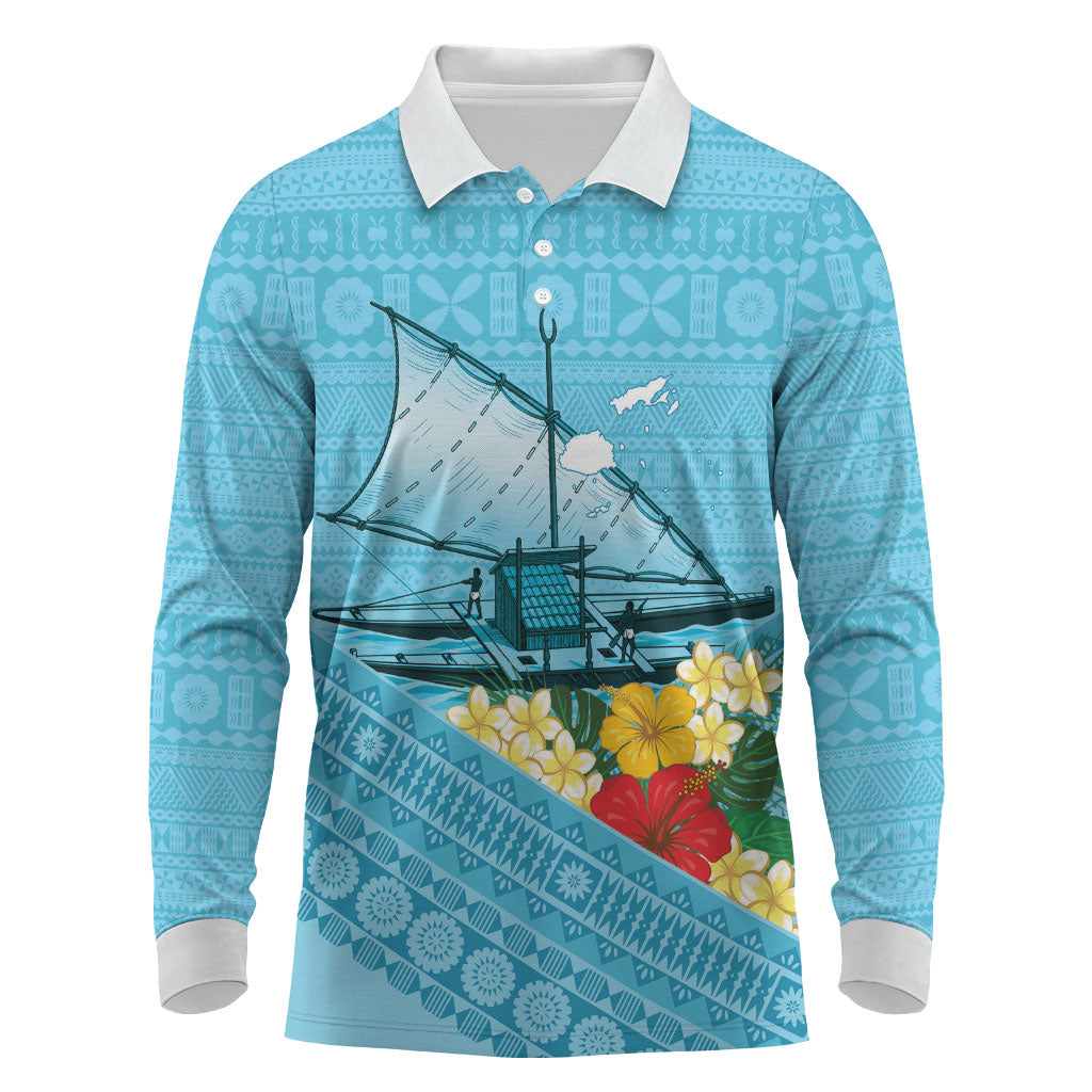 Personalised Bula Vinaka Fiji Drua Long Sleeve Polo Shirt Fijian Traditional Canoe Tapa Cloth Blue