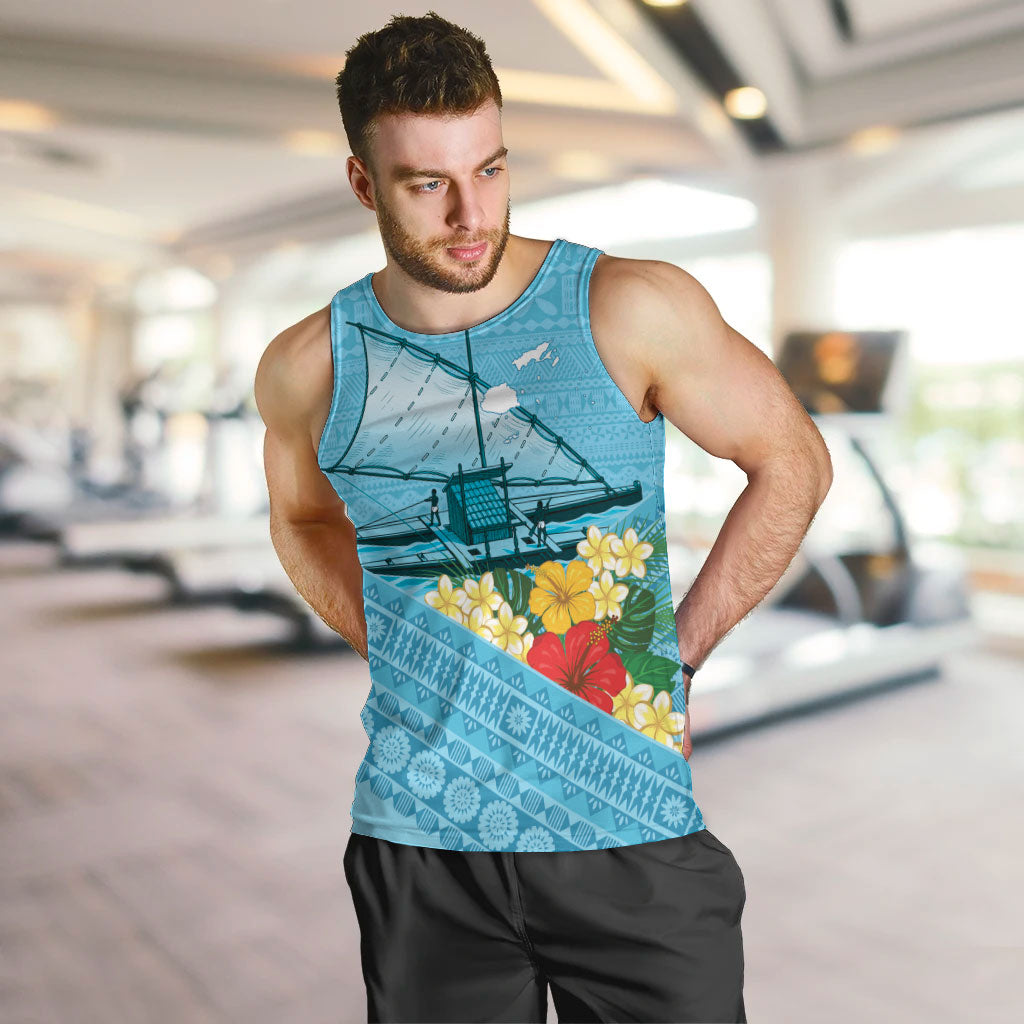 Personalised Bula Vinaka Fiji Drua Men Tank Top Fijian Traditional Canoe Tapa Cloth Blue LT14 Blue - Polynesian Pride