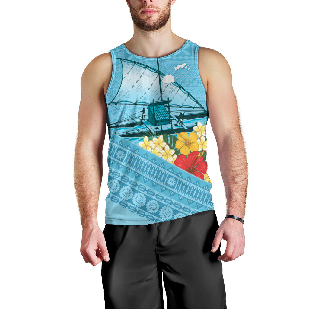 Personalised Bula Vinaka Fiji Drua Men Tank Top Fijian Traditional Canoe Tapa Cloth Blue LT14 - Polynesian Pride