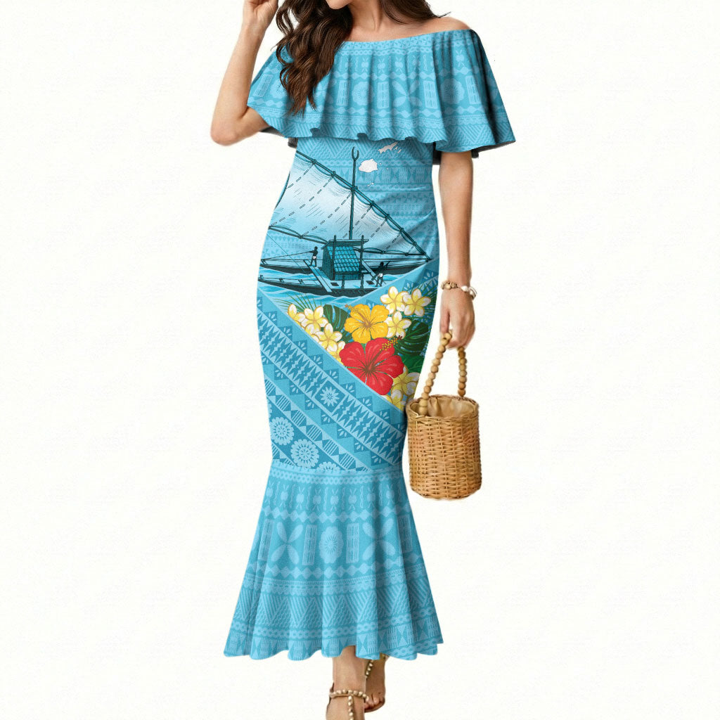 Personalised Bula Vinaka Fiji Drua Mermaid Dress Fijian Traditional Canoe Tapa Cloth Blue LT14 Women Blue - Polynesian Pride