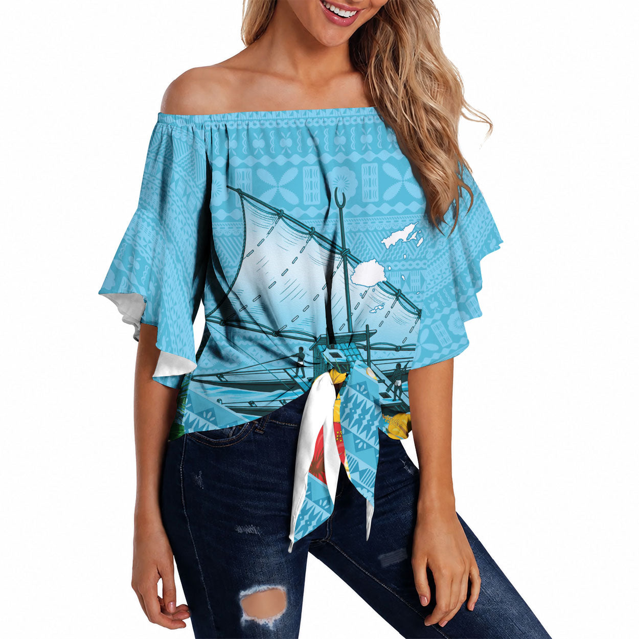 Personalised Bula Vinaka Fiji Drua Off Shoulder Wrap Waist Top Fijian Traditional Canoe Tapa Cloth Blue LT14 Blue - Polynesian Pride