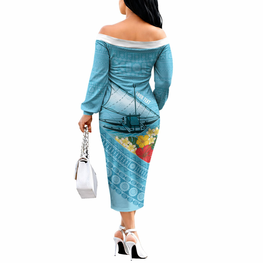 Personalised Bula Vinaka Fiji Drua Off The Shoulder Long Sleeve Dress Fijian Traditional Canoe Tapa Cloth Blue LT14 - Polynesian Pride