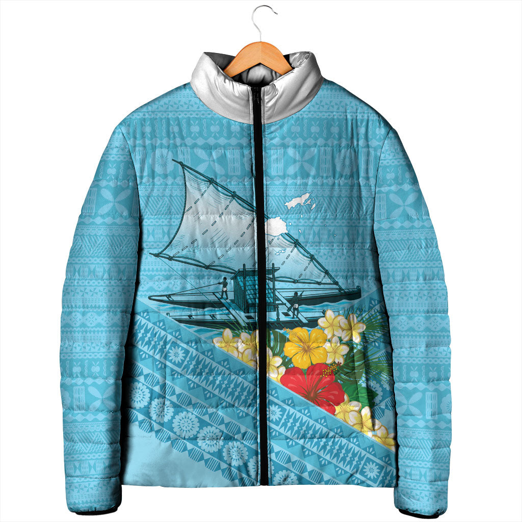 Personalised Bula Vinaka Fiji Drua Padded Jacket Fijian Traditional Canoe Tapa Cloth Blue LT14 - Polynesian Pride