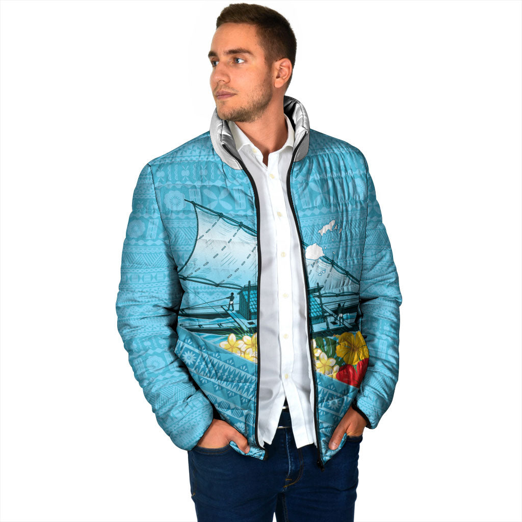 Personalised Bula Vinaka Fiji Drua Padded Jacket Fijian Traditional Canoe Tapa Cloth Blue LT14 - Polynesian Pride
