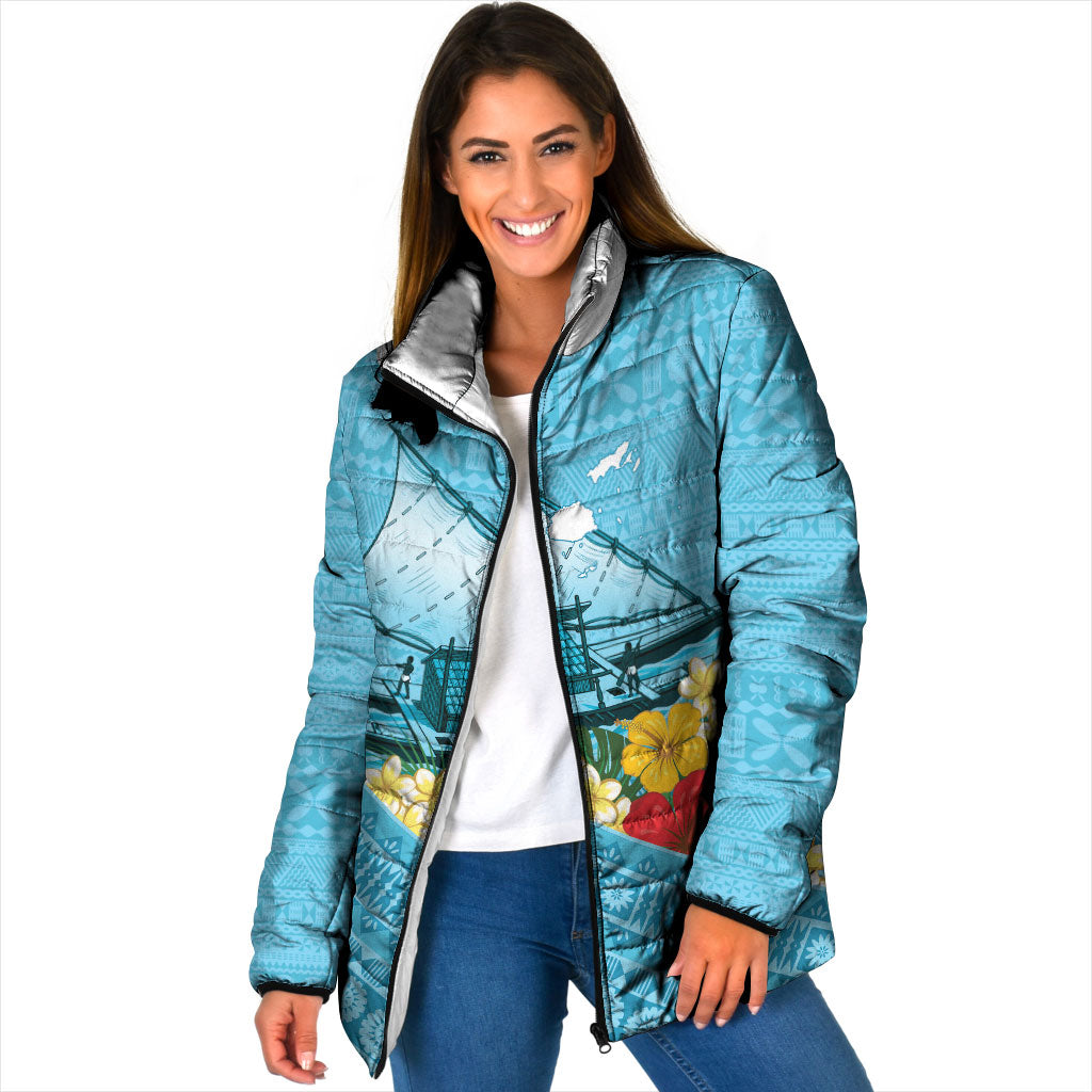 Personalised Bula Vinaka Fiji Drua Padded Jacket Fijian Traditional Canoe Tapa Cloth Blue LT14 Women Blue - Polynesian Pride