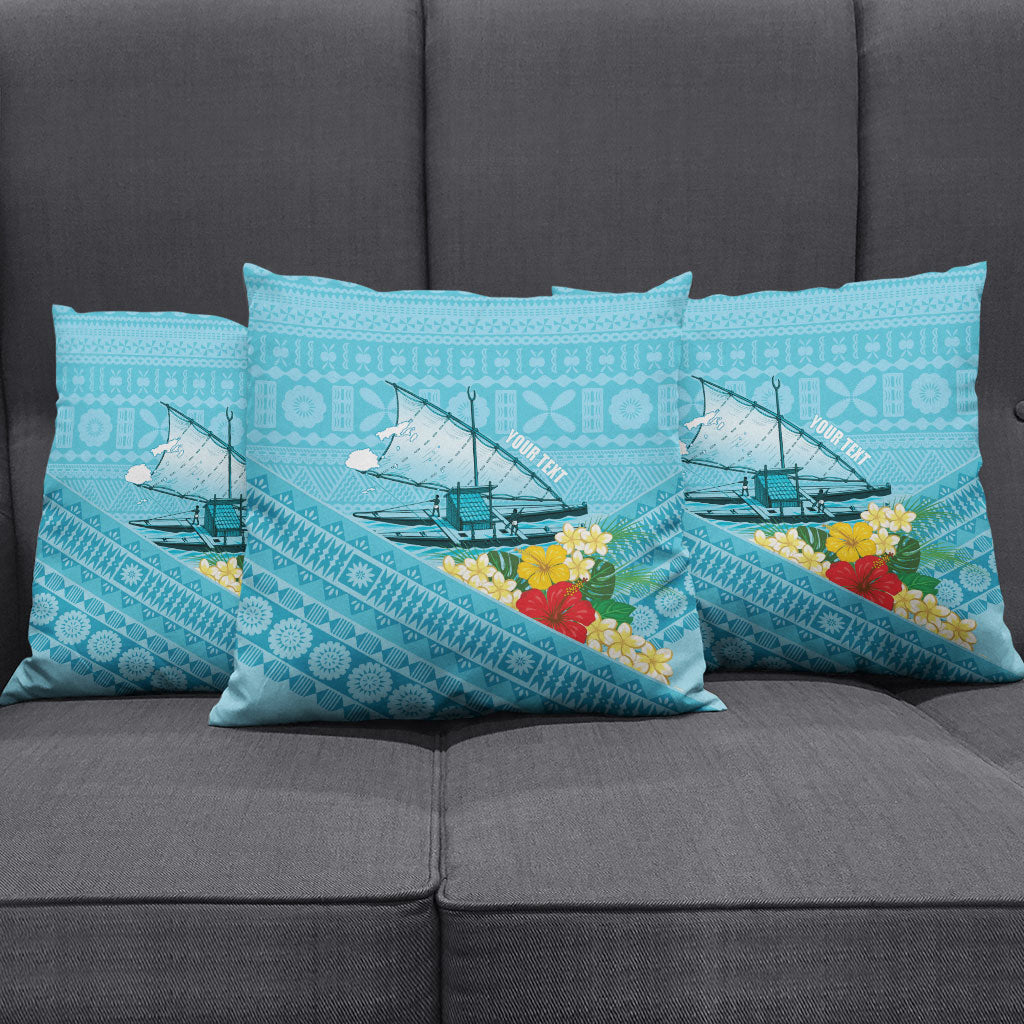 Personalised Bula Vinaka Fiji Drua Pillow Cover Fijian Traditional Canoe Tapa Cloth Blue LT14 - Polynesian Pride