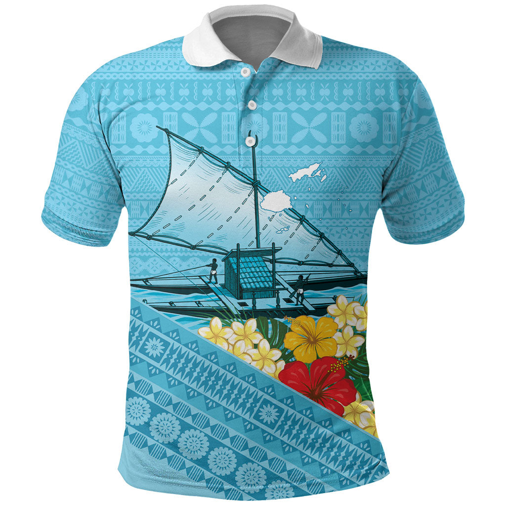 Personalised Bula Vinaka Fiji Drua Polo Shirt Fijian Traditional Canoe Tapa Cloth Blue