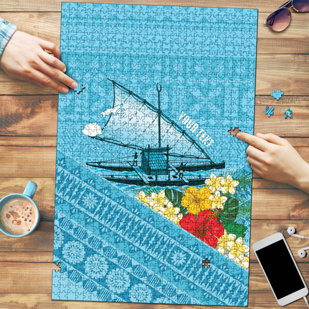 Personalised Bula Vinaka Fiji Drua Puzzle Fijian Traditional Canoe Tapa Cloth Blue LT14 Blue - Polynesian Pride