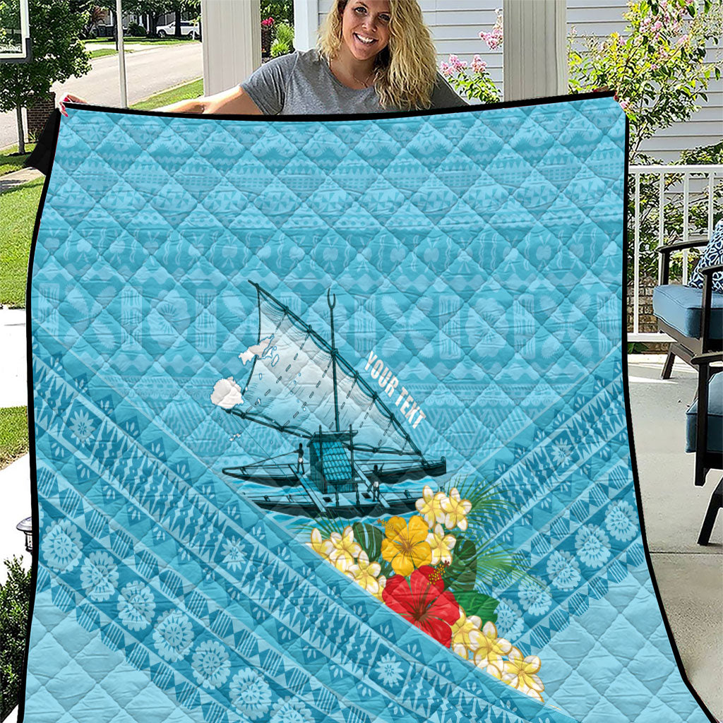 Personalised Bula Vinaka Fiji Drua Quilt Fijian Traditional Canoe Tapa Cloth Blue LT14 Blue - Polynesian Pride