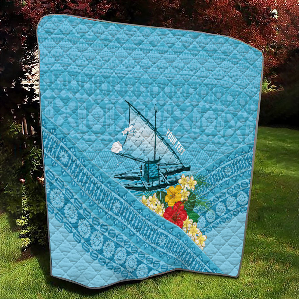 Personalised Bula Vinaka Fiji Drua Quilt Fijian Traditional Canoe Tapa Cloth Blue LT14 - Polynesian Pride