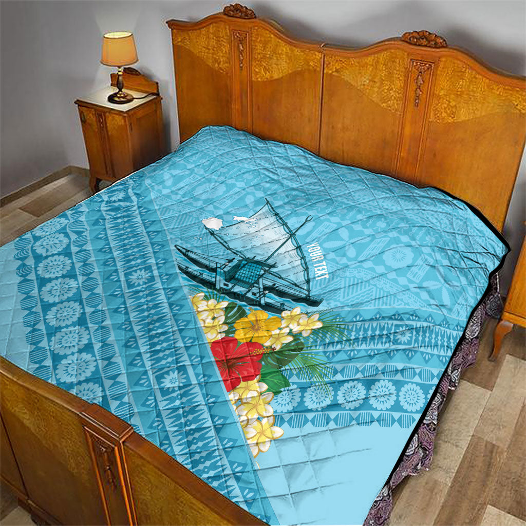 Personalised Bula Vinaka Fiji Drua Quilt Fijian Traditional Canoe Tapa Cloth Blue LT14 - Polynesian Pride