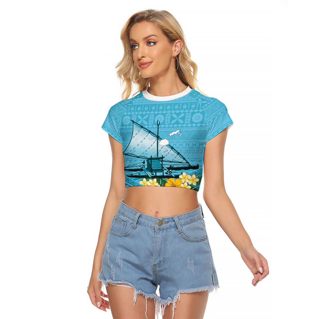 Personalised Bula Vinaka Fiji Drua Raglan Cropped T Shirt Fijian Traditional Canoe Tapa Cloth Blue LT14 Female Blue - Polynesian Pride