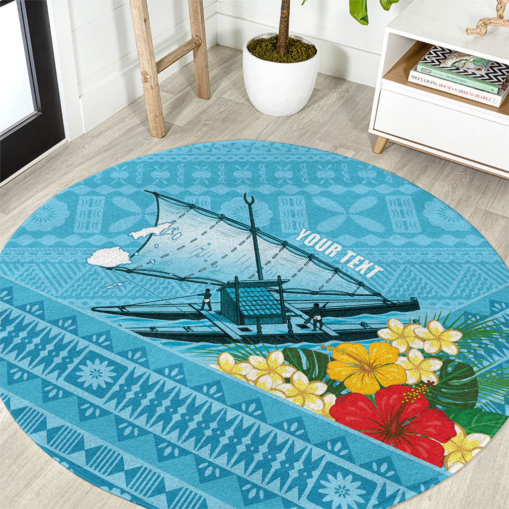 Personalised Bula Vinaka Fiji Drua Round Carpet Fijian Traditional Canoe Tapa Cloth Blue LT14 Blue - Polynesian Pride