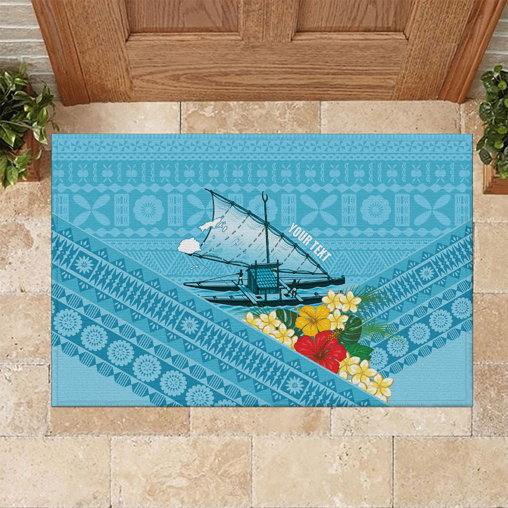 Personalised Bula Vinaka Fiji Drua Rubber Doormat Fijian Traditional Canoe Tapa Cloth Blue LT14 Blue - Polynesian Pride
