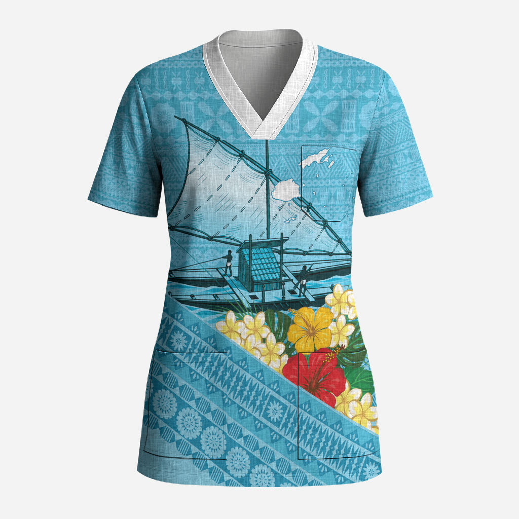Personalised Bula Vinaka Fiji Drua Scrub Top Fijian Traditional Canoe Tapa Cloth Blue LT14 Adult Blue - Polynesian Pride