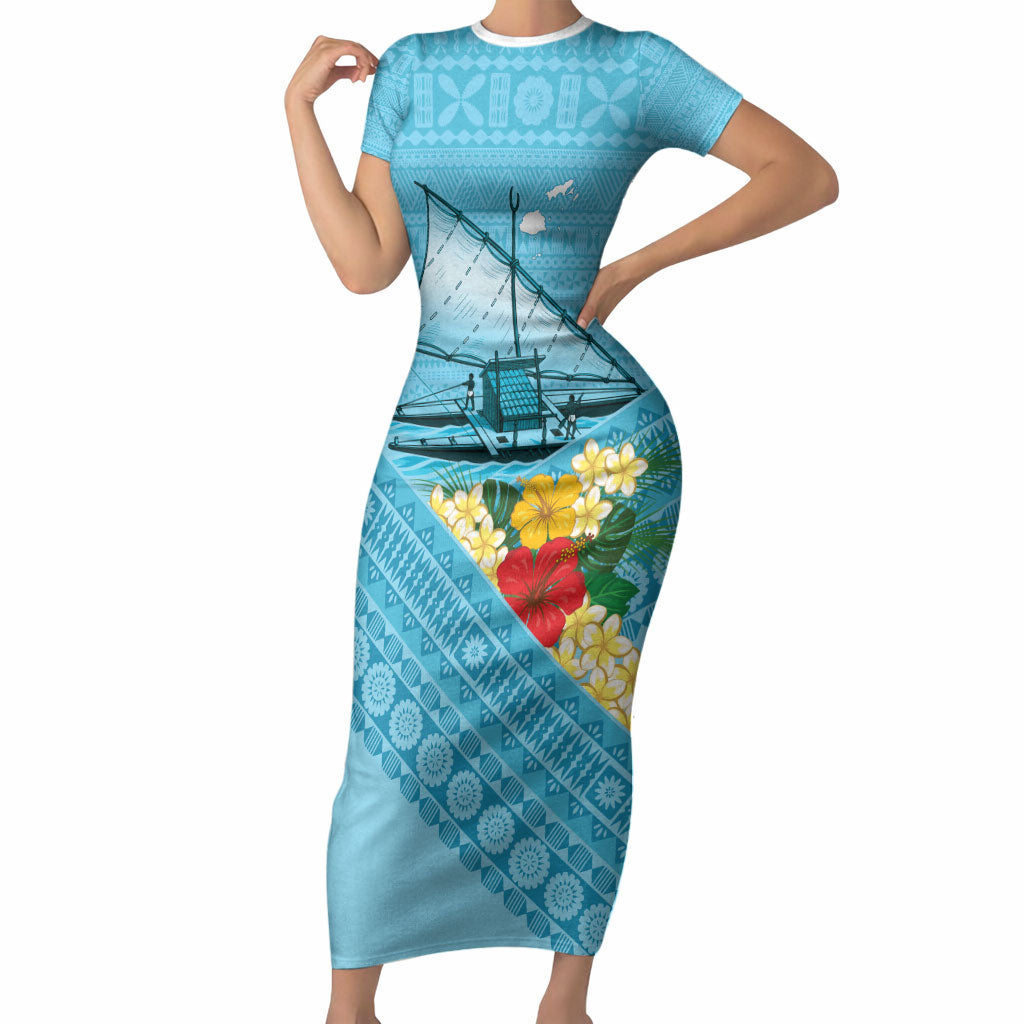 Personalised Bula Vinaka Fiji Drua Short Sleeve Bodycon Dress Fijian Traditional Canoe Tapa Cloth Blue LT14 Long Dress Blue - Polynesian Pride