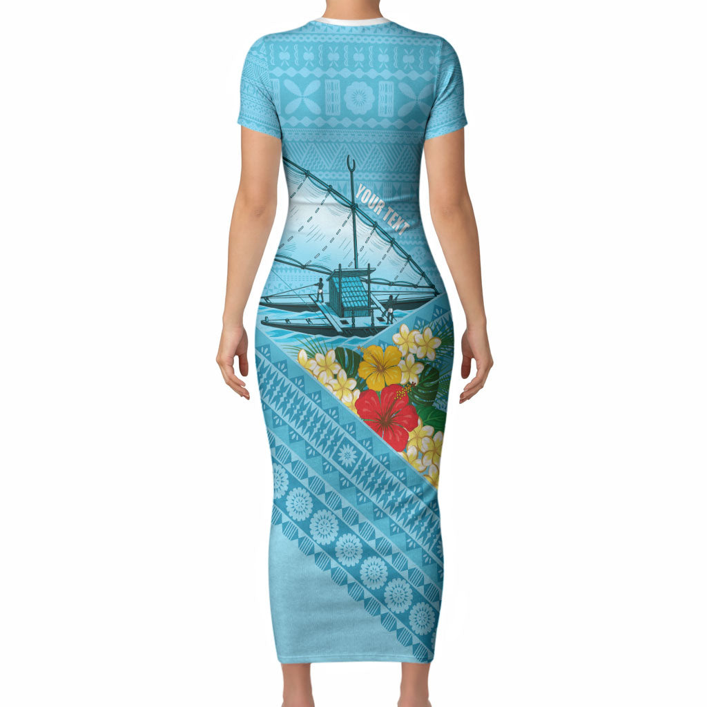 Personalised Bula Vinaka Fiji Drua Short Sleeve Bodycon Dress Fijian Traditional Canoe Tapa Cloth Blue LT14 - Polynesian Pride