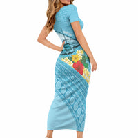 Personalised Bula Vinaka Fiji Drua Short Sleeve Bodycon Dress Fijian Traditional Canoe Tapa Cloth Blue LT14 - Polynesian Pride