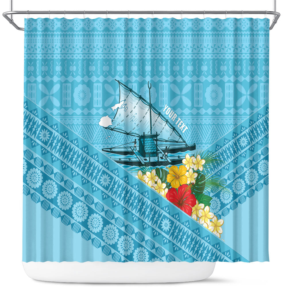 Personalised Bula Vinaka Fiji Drua Shower Curtain Fijian Traditional Canoe Tapa Cloth Blue LT14 Blue - Polynesian Pride